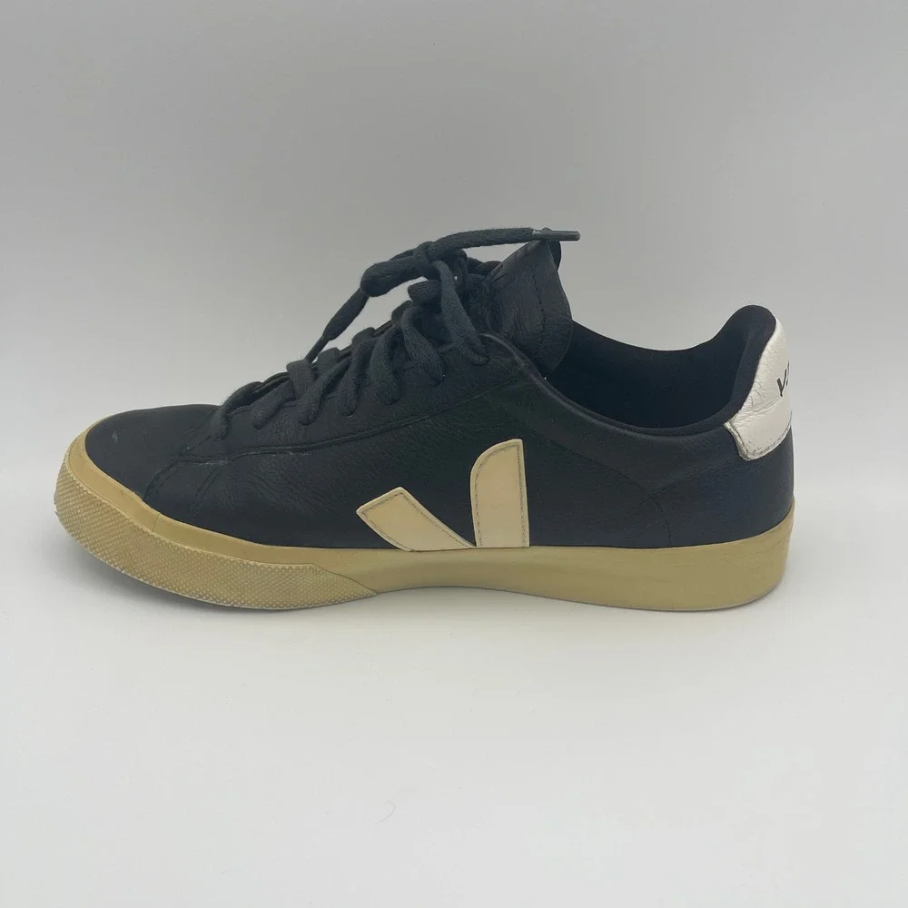 Veja Women 9 Black Leather Campo Sneakers Cream Logo Low Top